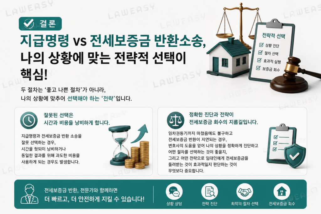 전세보증금 반환 절차인 지급명령과 전세보증금 반환소송의 장단점 비교 및 상황별 선택 전략 안내 이미지