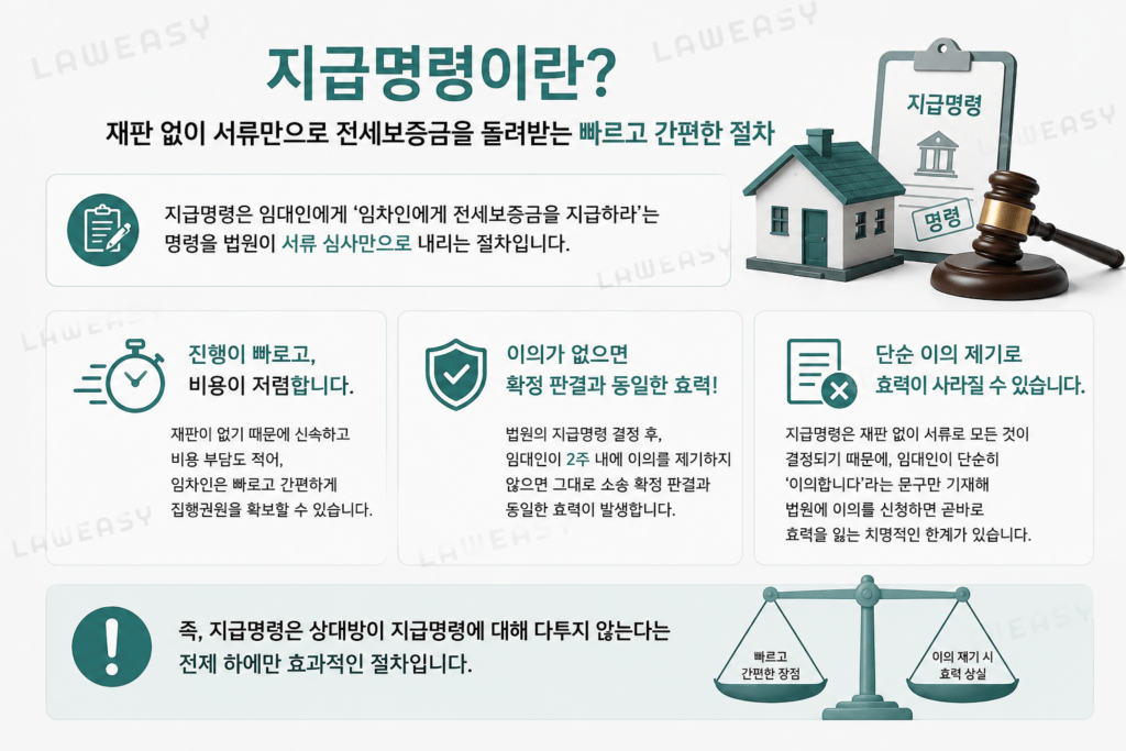 전세보증금 반환을 위한 지급명령 절차와 임대인 이의신청 시 한계를 설명하는 법률 안내 이미지