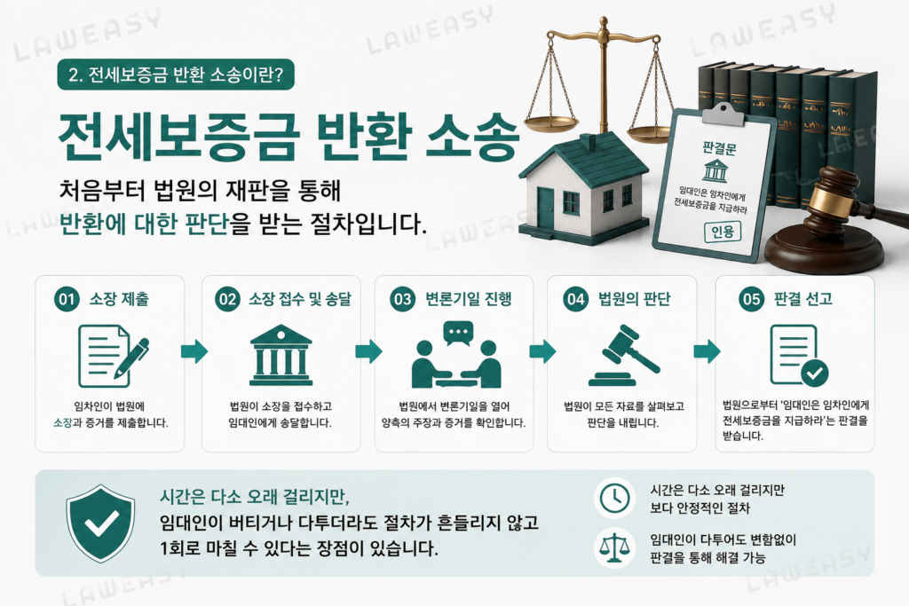 전세보증금 반환소송 진행 절차와 임대인 보증금 반환 판결 과정을 안내하는 법률 인포그래픽
