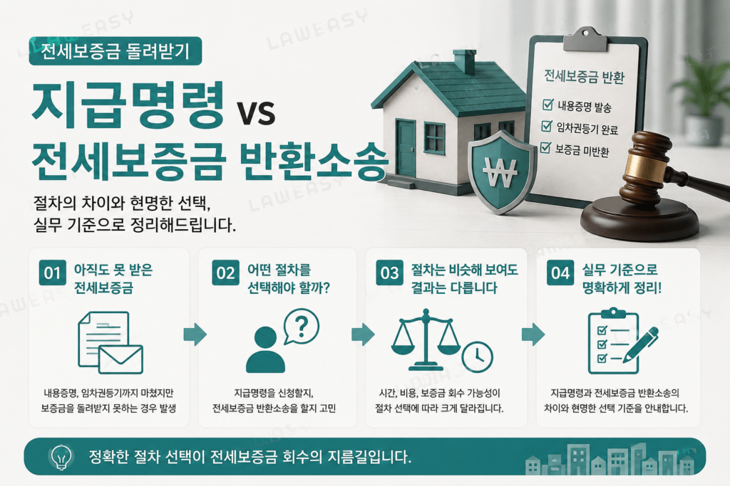 전세보증금 미반환 시 지급명령 신청과 전세보증금 반환소송 절차를 비교한 법률 안내 이미지